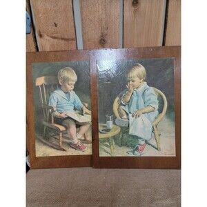 Vintage Pair Wood Mounted Prints Gary & Gretchen by J. Ingwersen Boy Girl Blue
